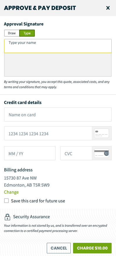 approve and pay deposit screen that collects a signature and credit card details