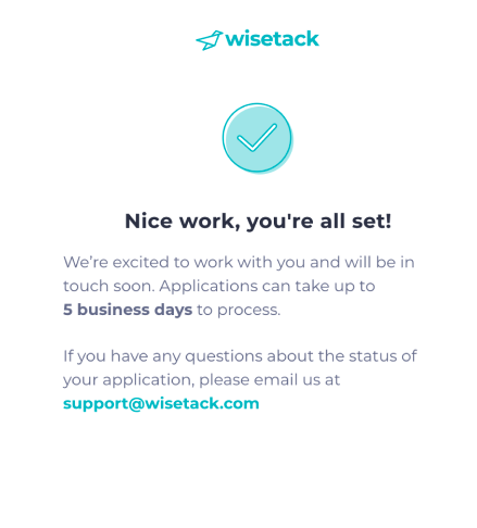 Wisetack application submission completed screen