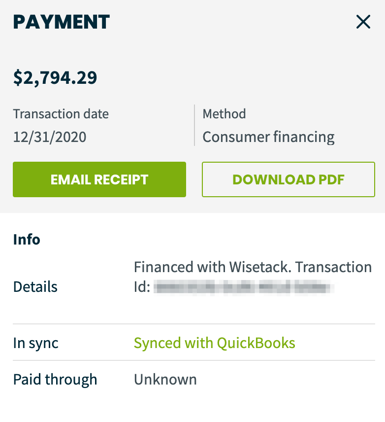 payment details showing the invoice payment was financed by Wisetack