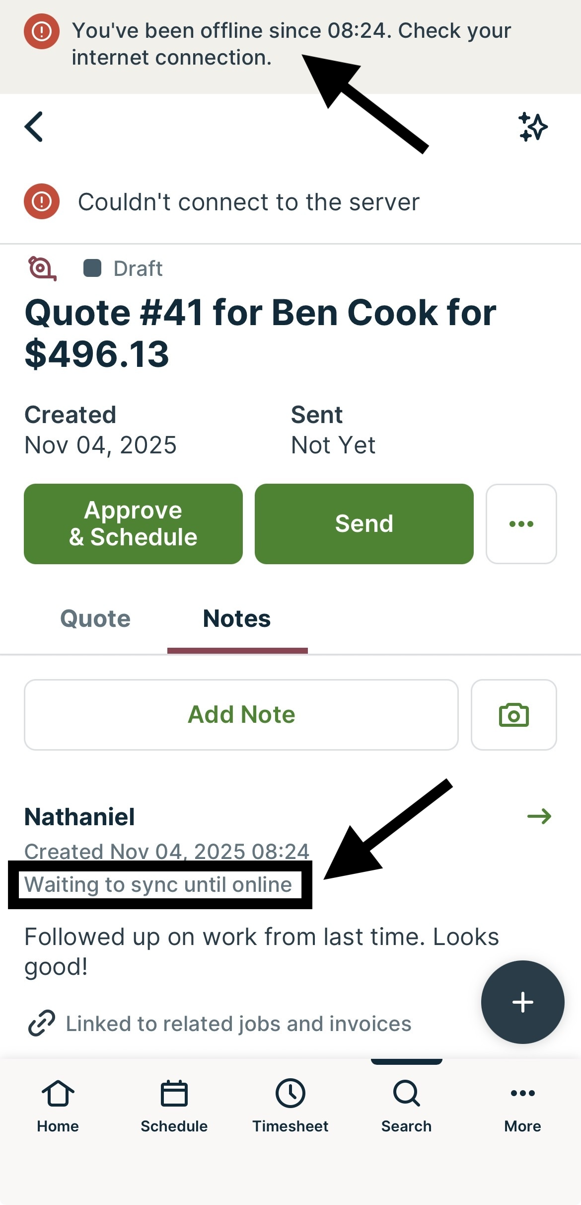 A screenshot from the Jobber mobile app showing a the offline banner notification and waiting to sync message on a note in a quote draft.
