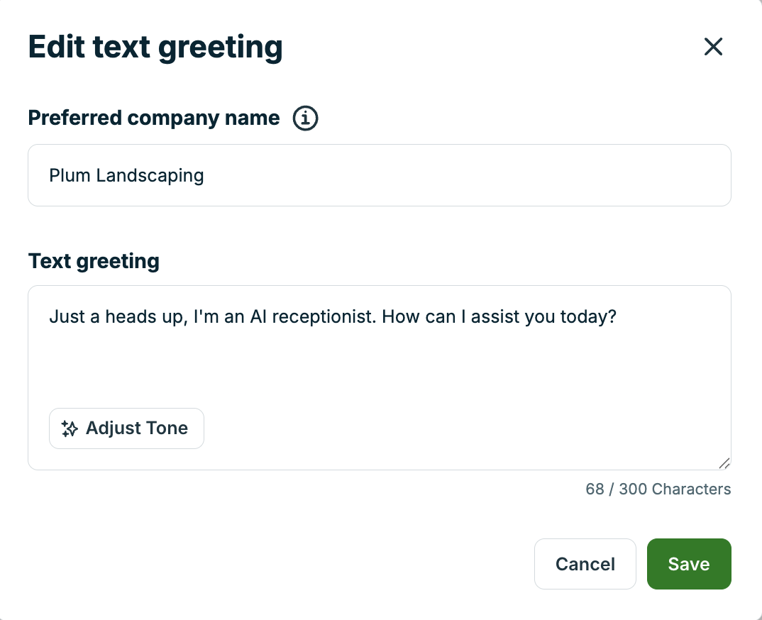 A screenshot showing the "Edit text greeting" pop-up.