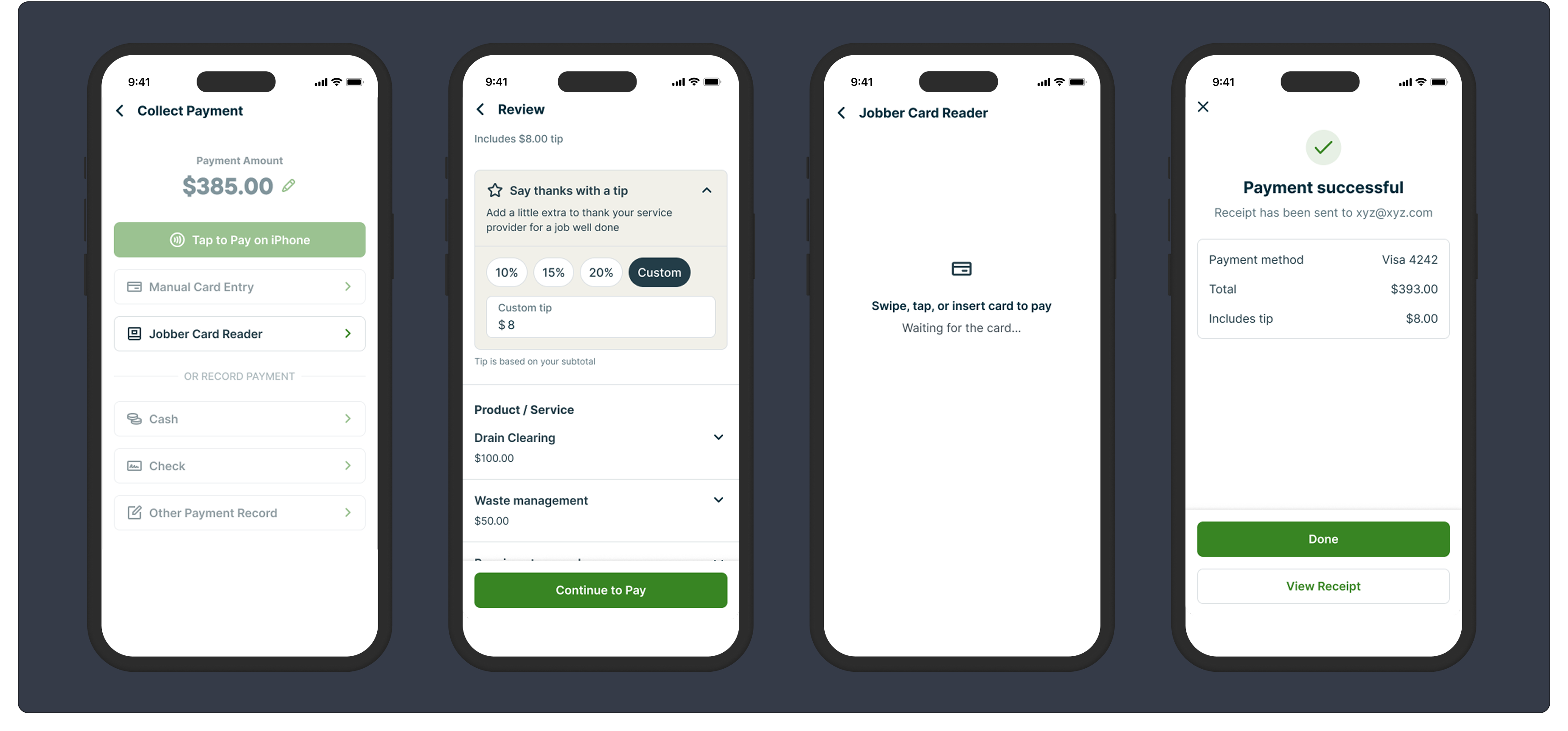 A collection of mobile phone mockups showing the main workflow for tipping with payments taken using the Jobber card reader.. 