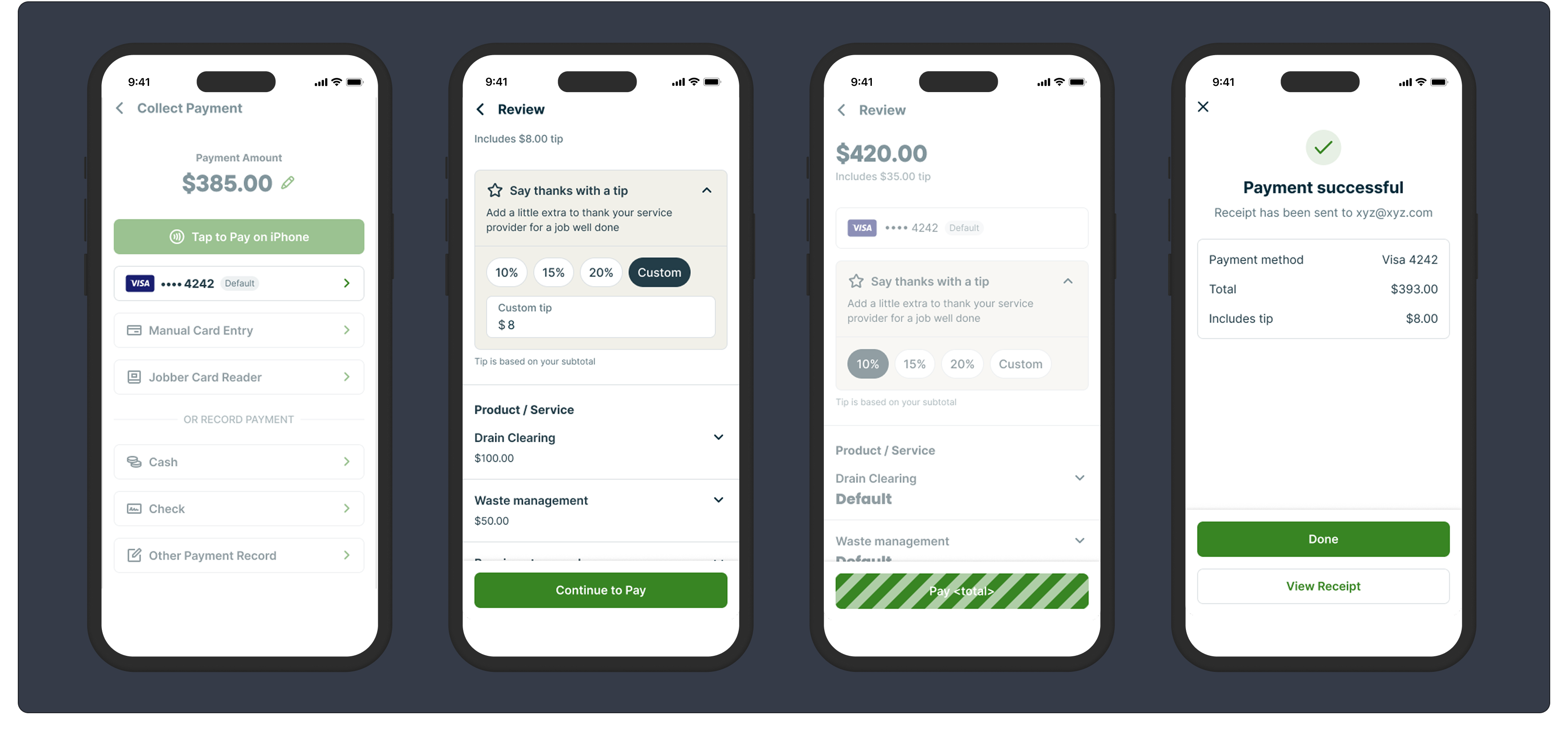 A collection of mobile phone mockups showing the main workflow for tipping with a payment card stored on file. 