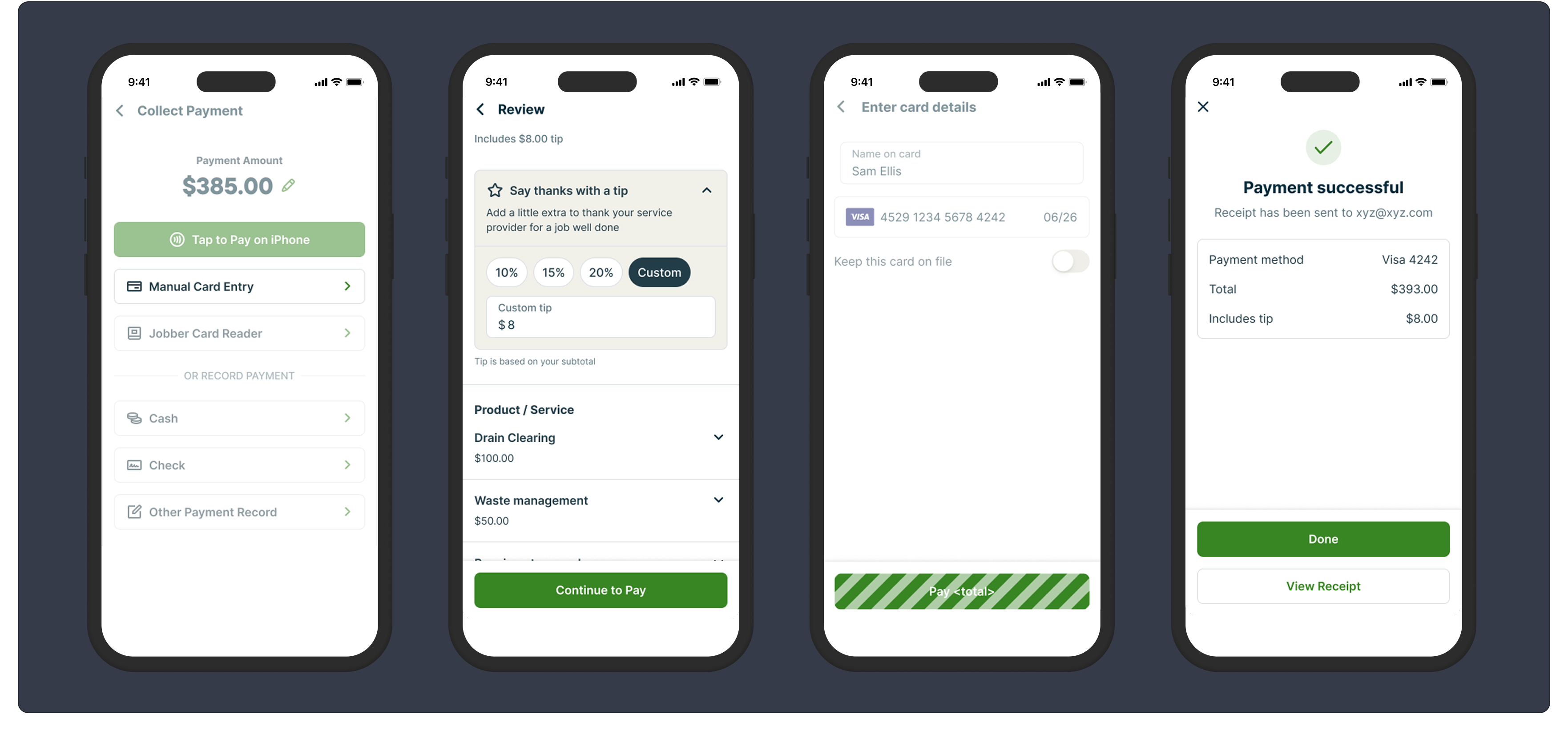 A collection of mobile phone mockups showing the main workflow for tipping with the manual card entry. 