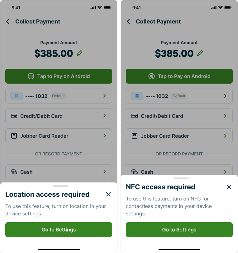 Two screenshots side by side showing the location and NFC access requirements prompts in the Jobber app.