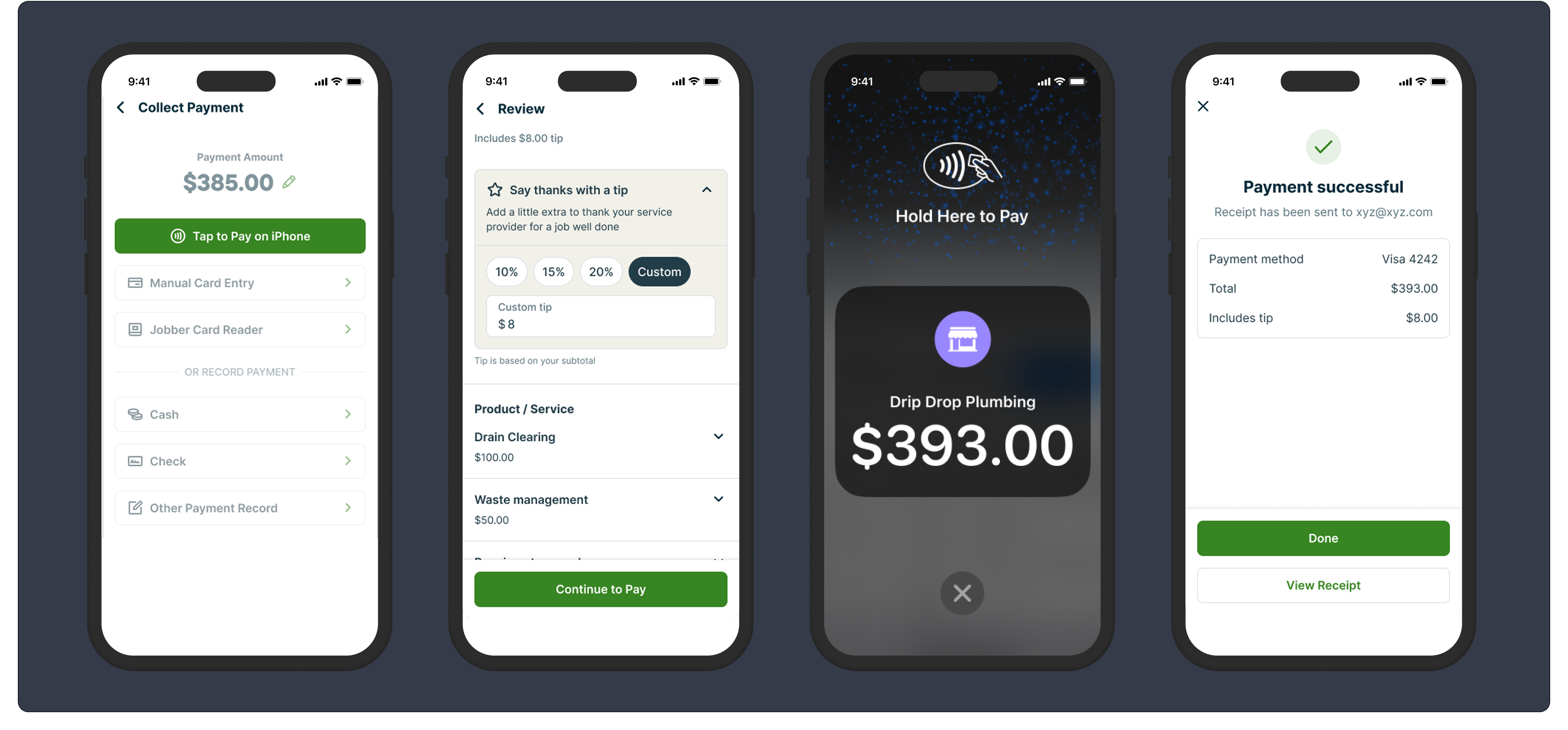A mockup of four Jobber app screen renderings, showing the Tap to Pay flow.