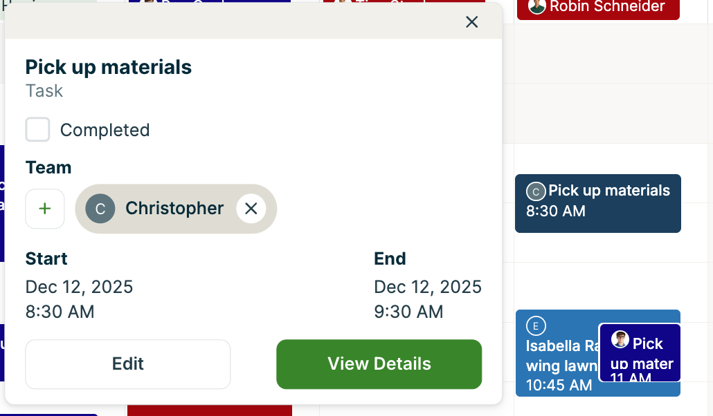 A screenshot showing details pop up when a task is selected in the calendar.