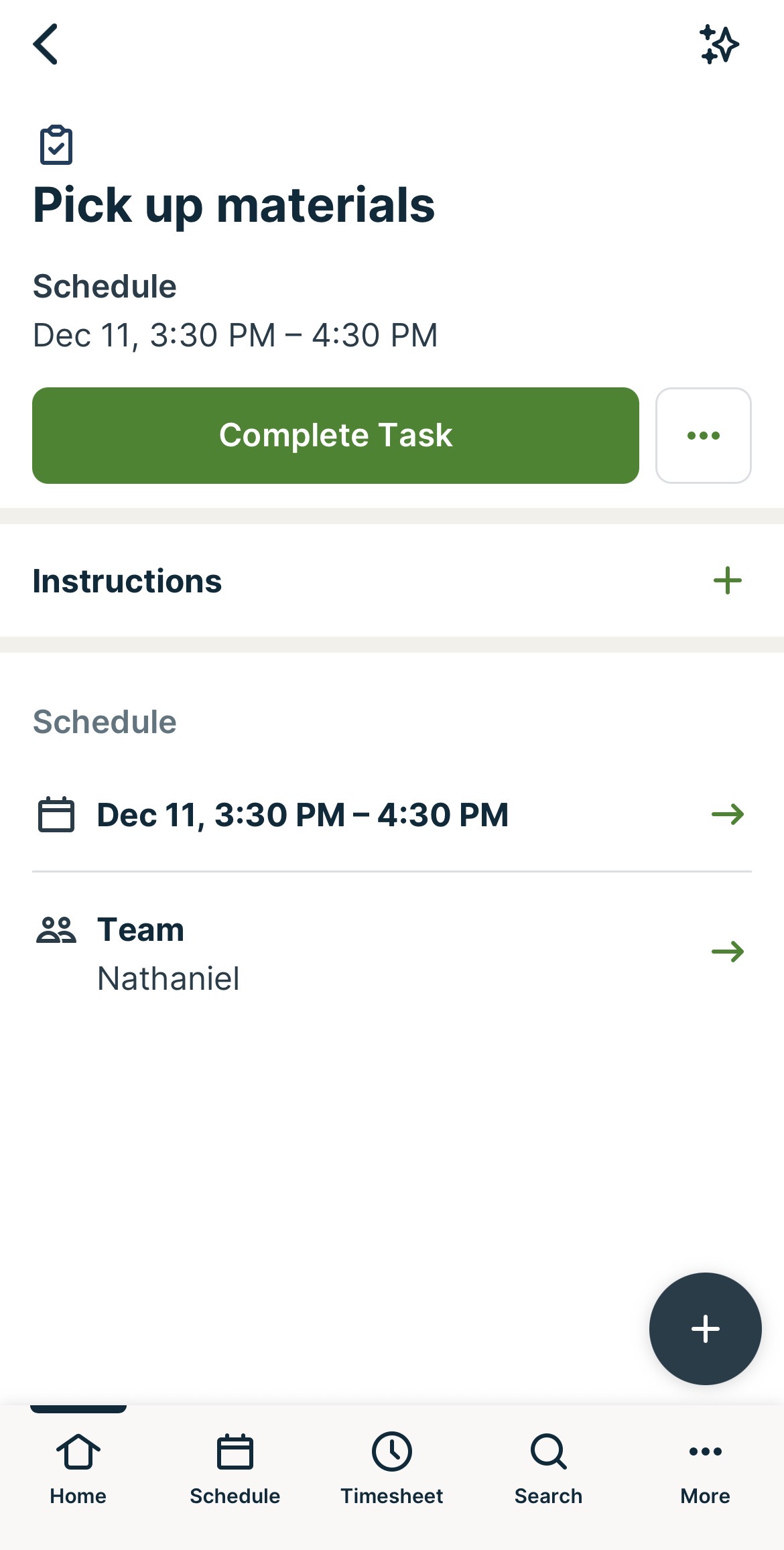 A screenshot from the Jobber app showing the task details screen.
