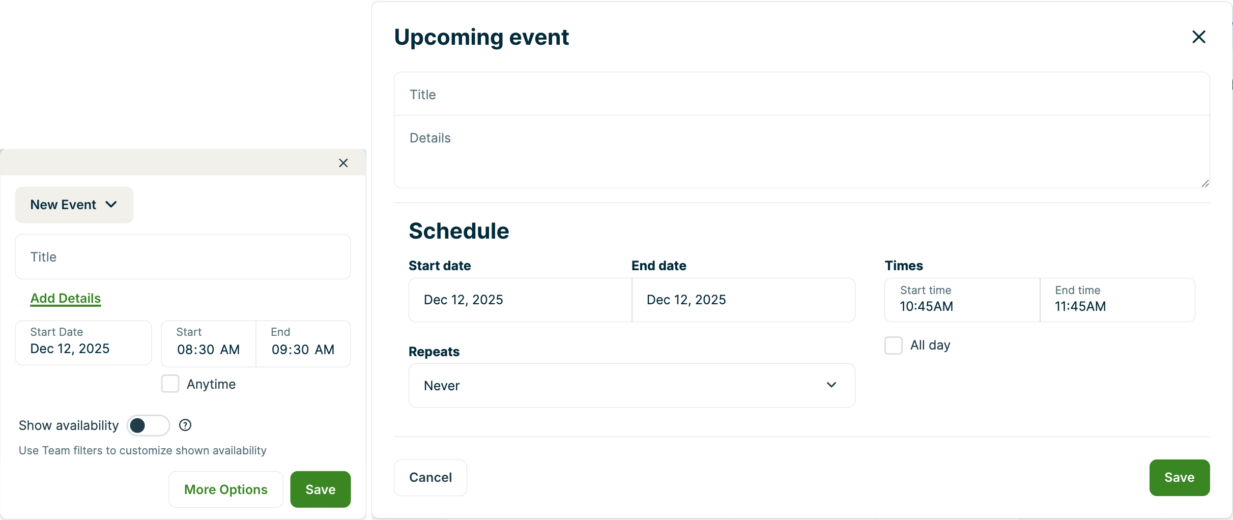 Side-by-side screenshots showing the event settings pop-up and the more actions screen. 