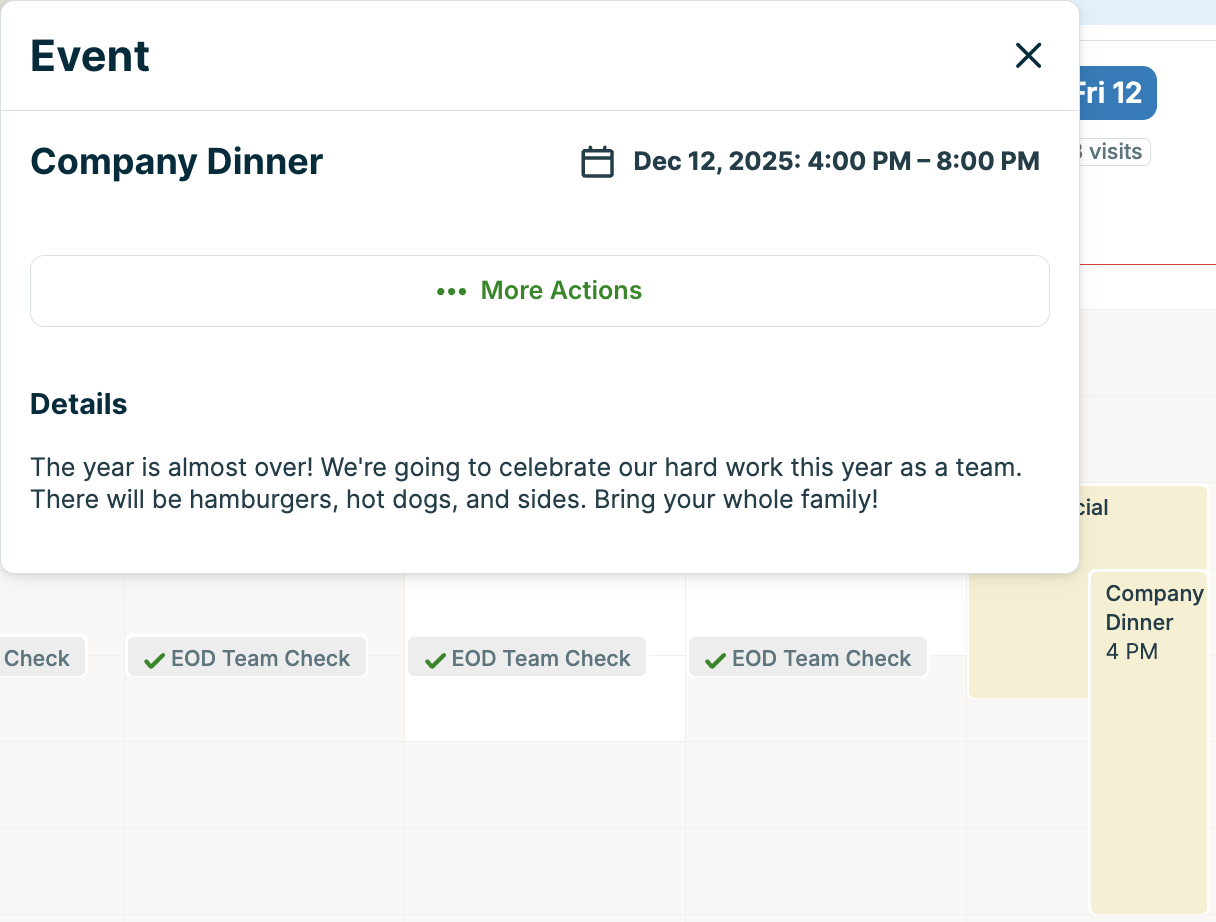 A screenshot showing an event's details pop-up on the calendar.