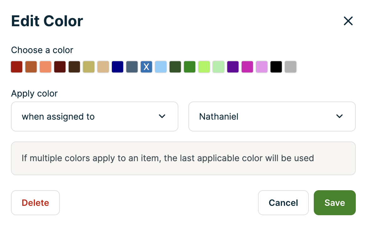 A screenshot showing the Edit Color pop-up for assigning a color to a team member.