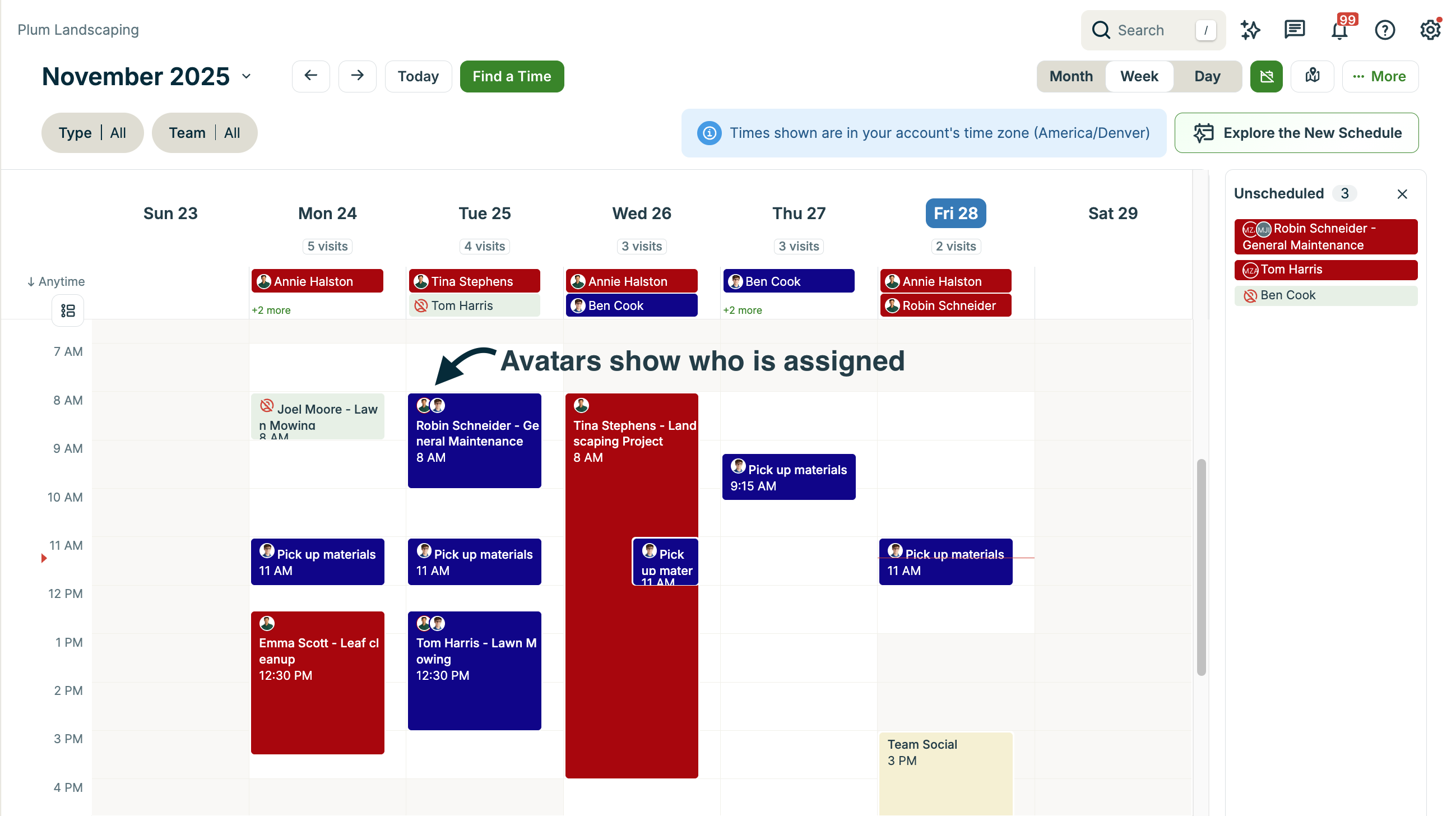A screenshot showing the week calendar view. An arrow points to a visit block with two team member avatars, indicating who has been assigned.