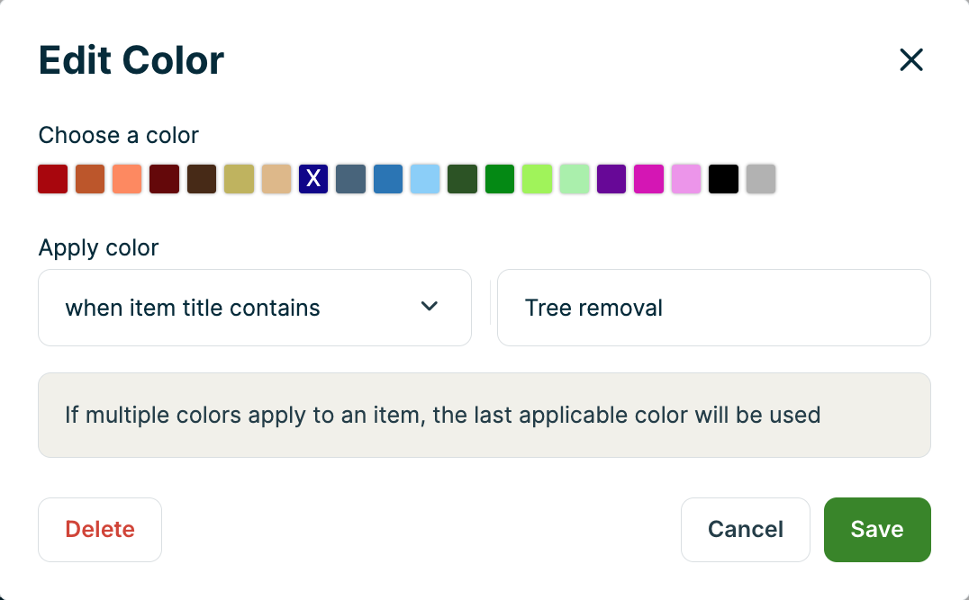 A screenshot showing the Edit Color pop-up for assigning a color to an item title keyword.