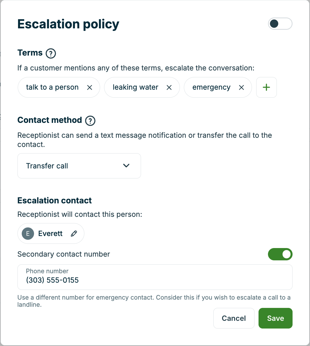 A screenshot of the escalation policy pop-up.