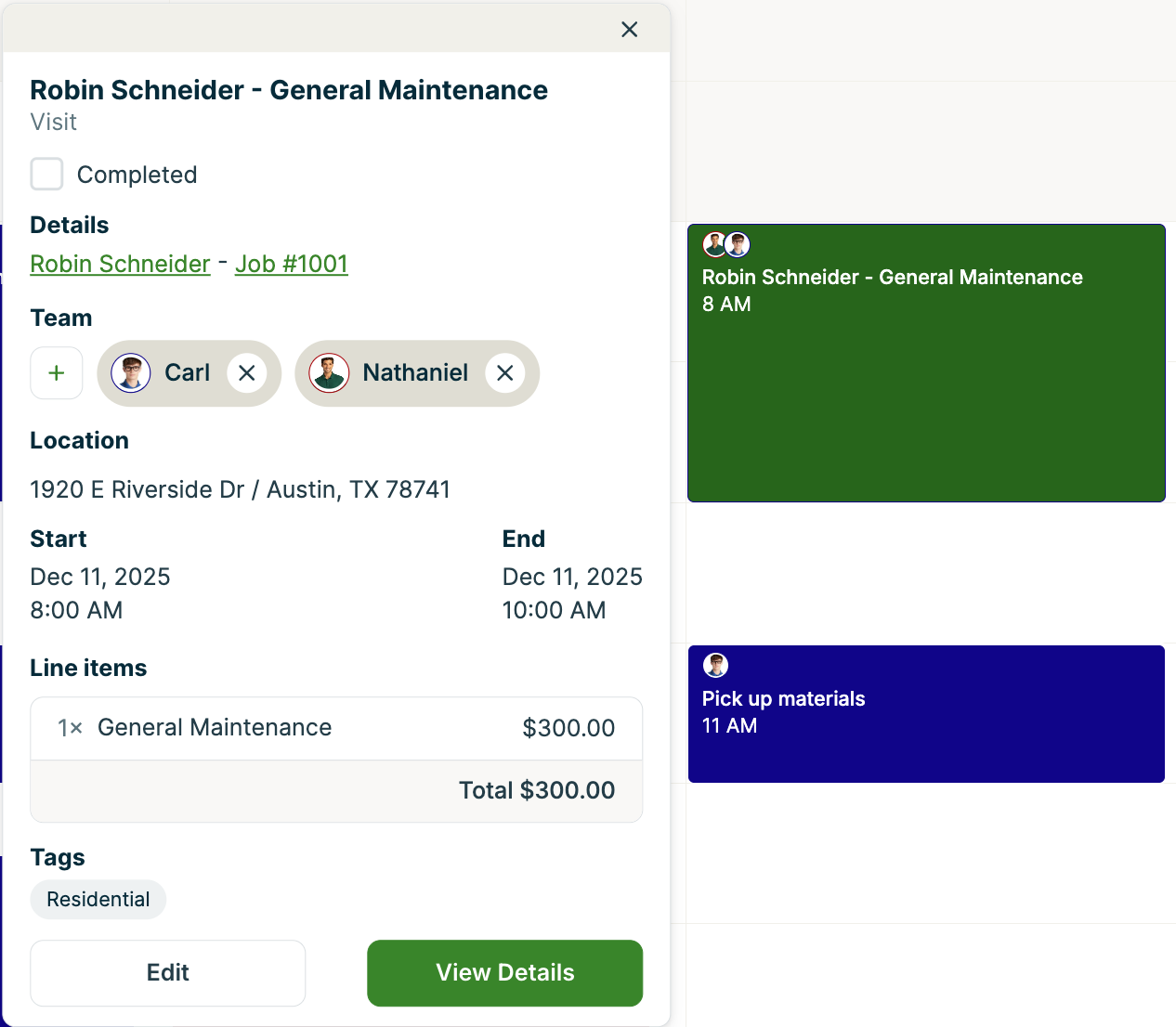 A screenshot showing the details pop-up for a visit on the calendar.
