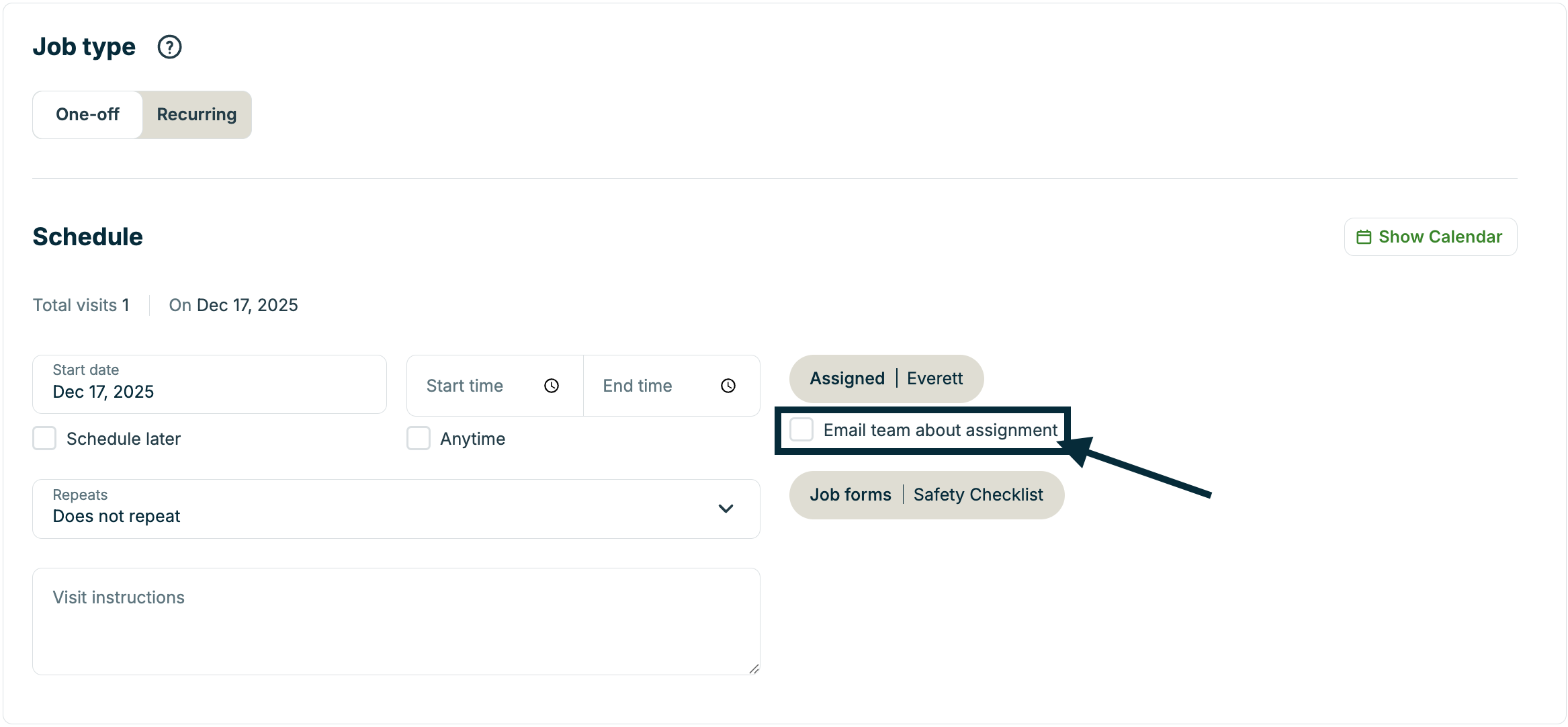 A screenshot showing the "email team about assignment" checkbox when creating a new job.