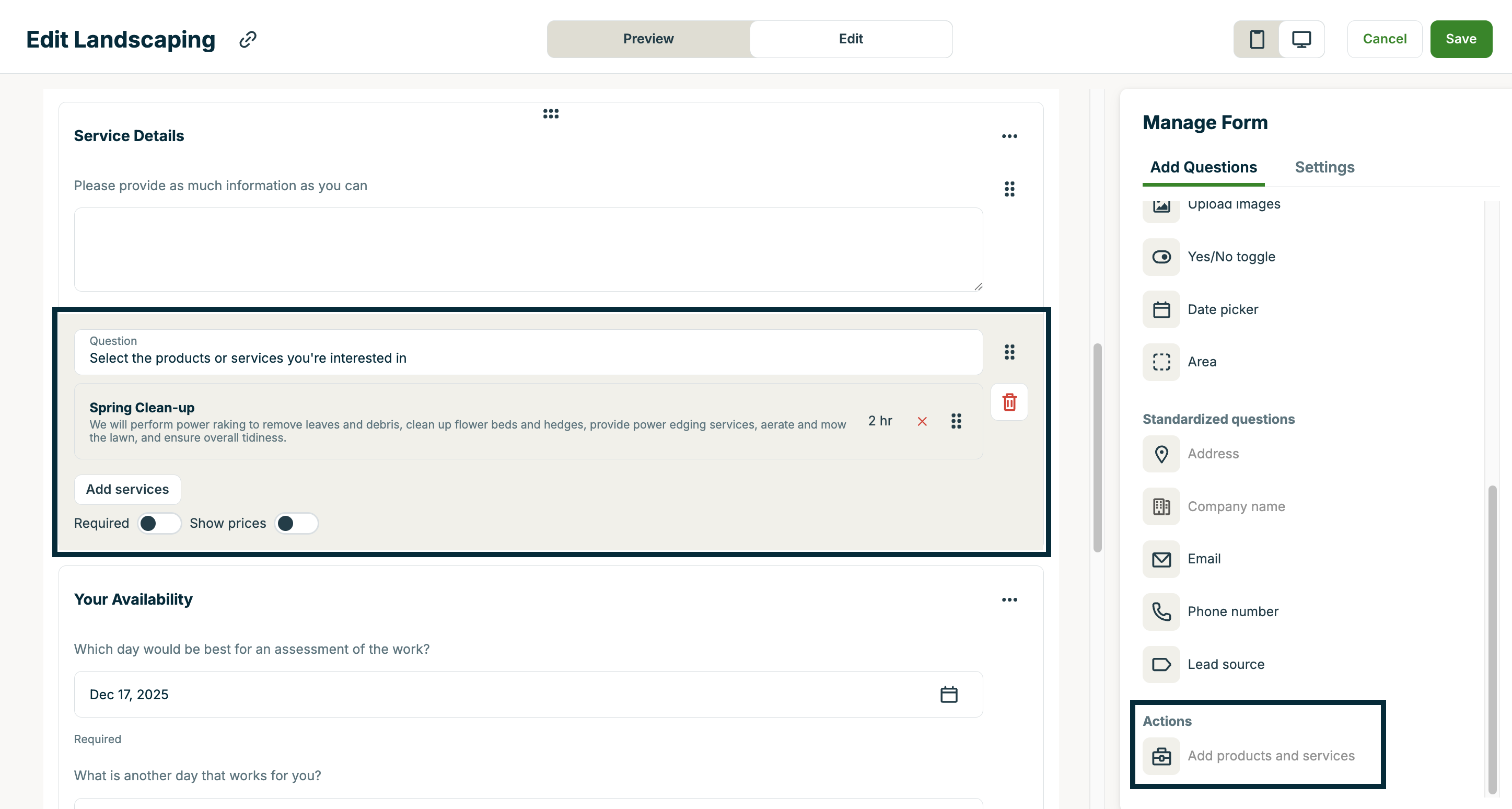 A screenshot showing the "Add products and services" option in the request form editor.