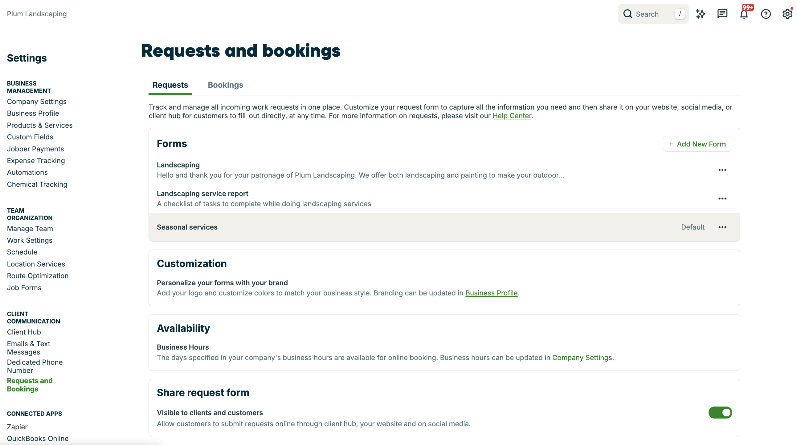 A screenshot showing the requests and bookings settings page.