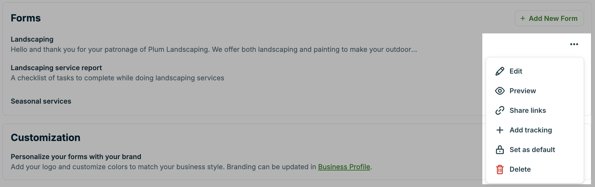 A screenshot showing the three dots menu beside each request form in the list.