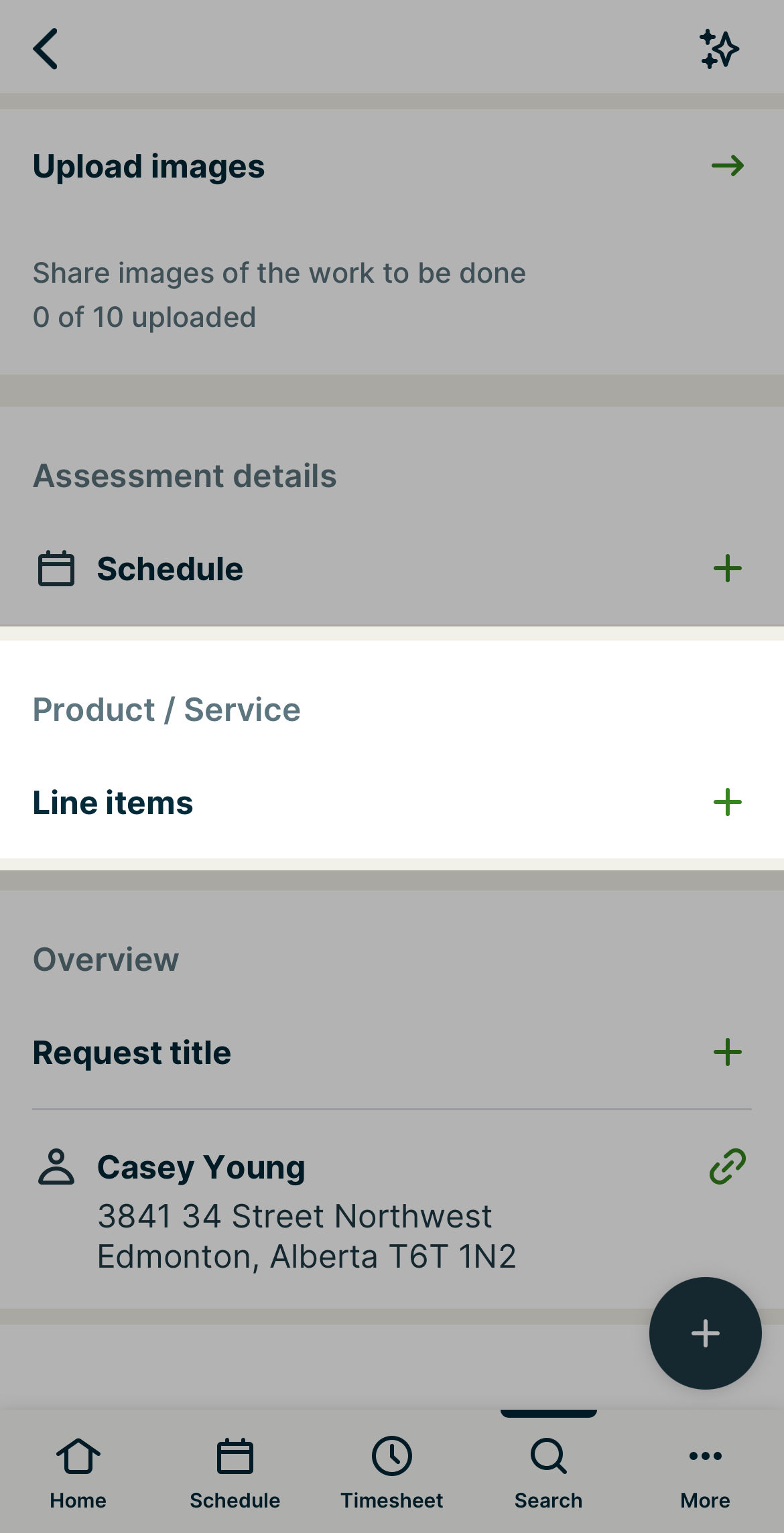 A screenshot showing the Product / Service section of a request in the Jobber app.
