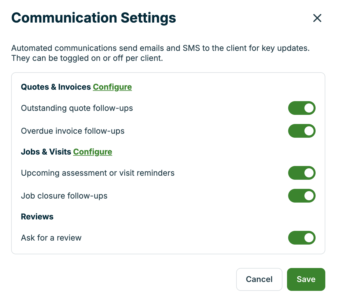 A screenshot showing the Communication Settings pop-up.
