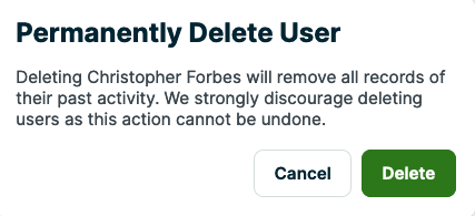A screenshot showing the confirmation window to permanently deactivate a user.