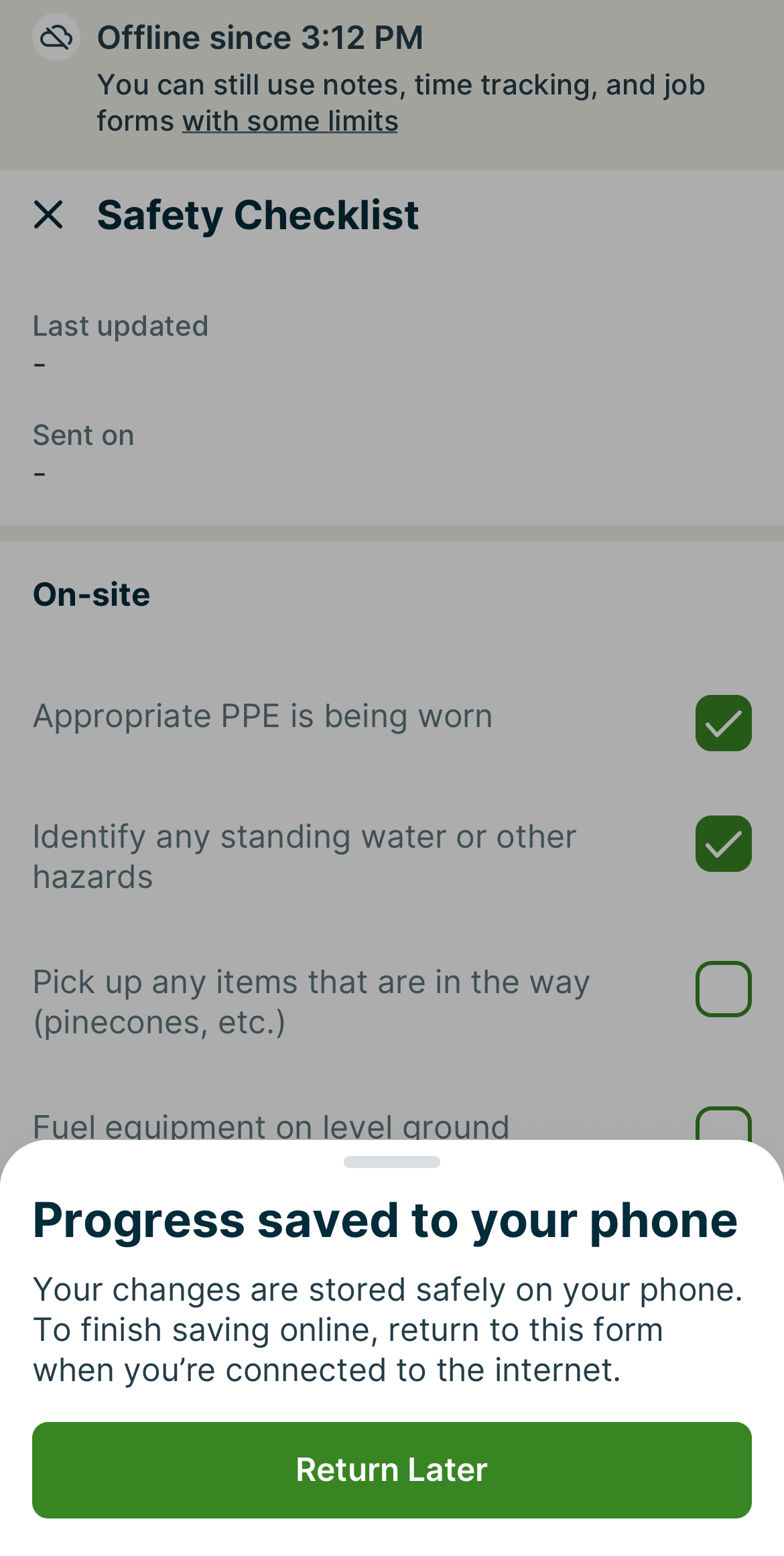 A Jobber app screenshot showing the offline message in a job form. It indicates that changes are stored safely on your phone and that you can return to the form when connected to the internet again to save it online.