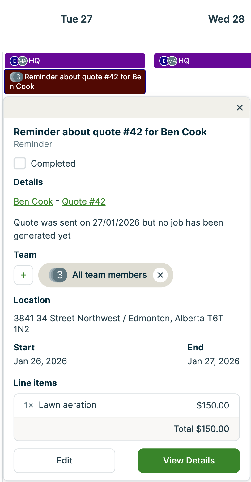 A screenshot showing a quote reminder block in the schedule and a pop-up showing its details.