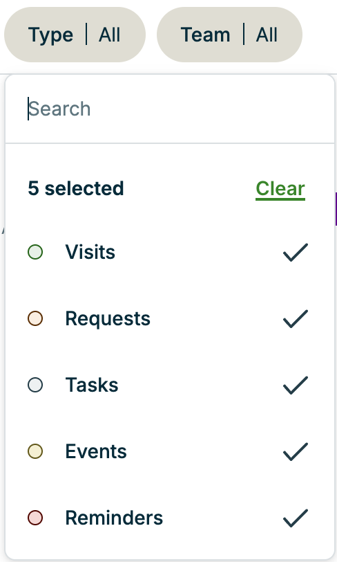 A screenshot showing the calendar type item filter drop down.