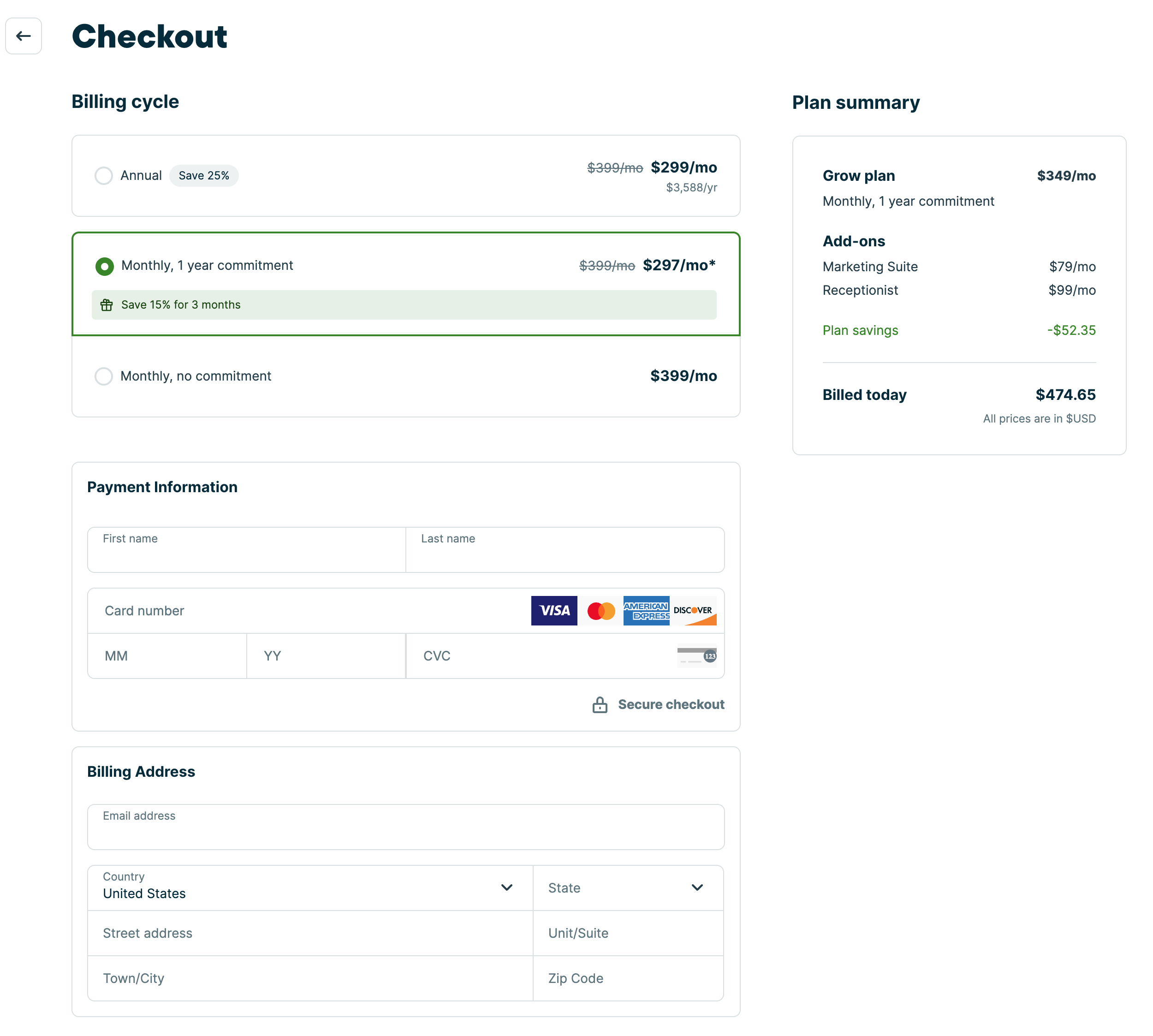 A screenshot showing the billing cycle checkout page.