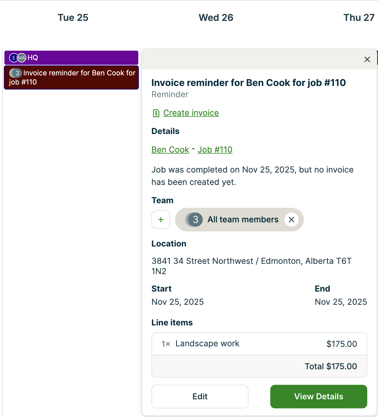 A screenshot showing an invoice reminder on the schedule and the expanded details pop-up.