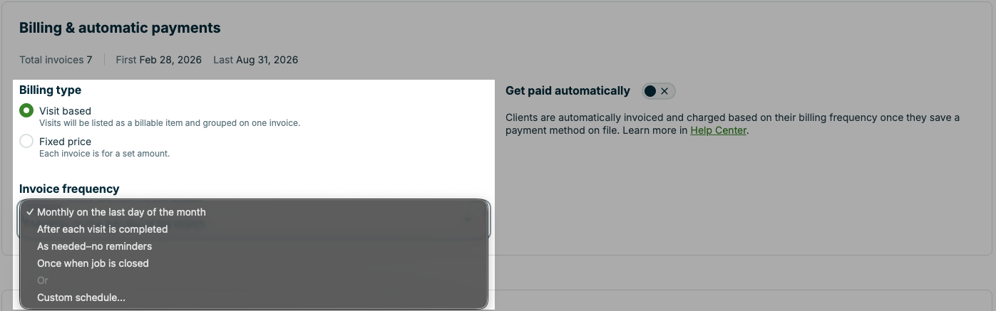 A screenshot showing the invoice frequency selection dropdown when creating a new recurring job.