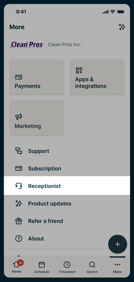 A screenshot showing the More screen in the Jobber app, including the Receptionist button.