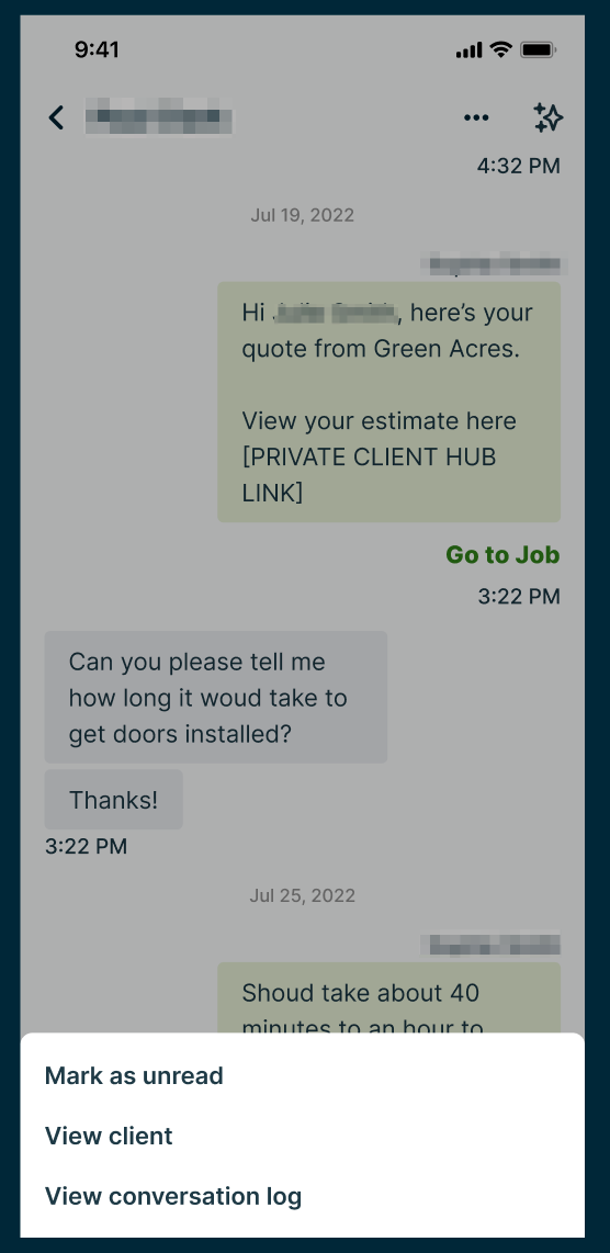 A screenshot showing the View conversation log option in the two-way SMS screen in the Jobber app.