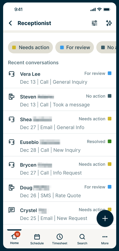 A screenshot showing the conversation log screen in the Jobber app.