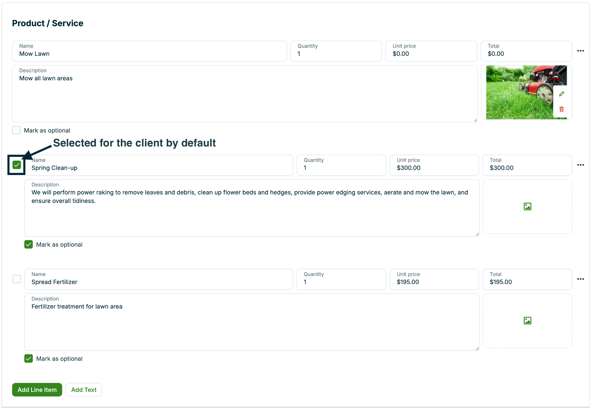 A screenshot showing how to set an optional line item as selected for the client by default.