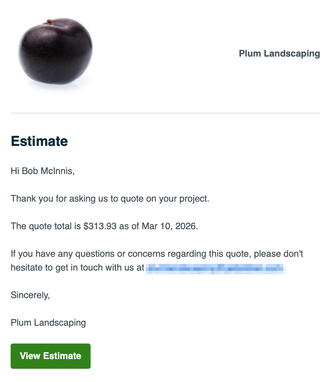 A screenshot of the client's quote email preview.
