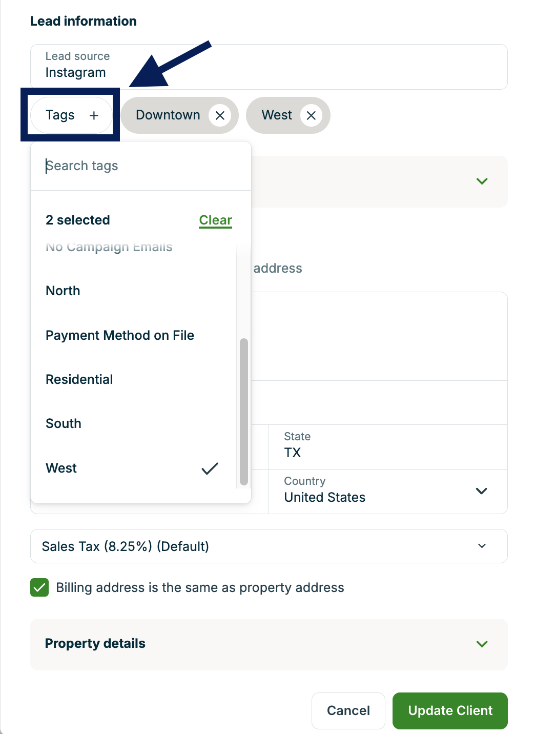 A screenshot showing the tags section in the client profile information editor.