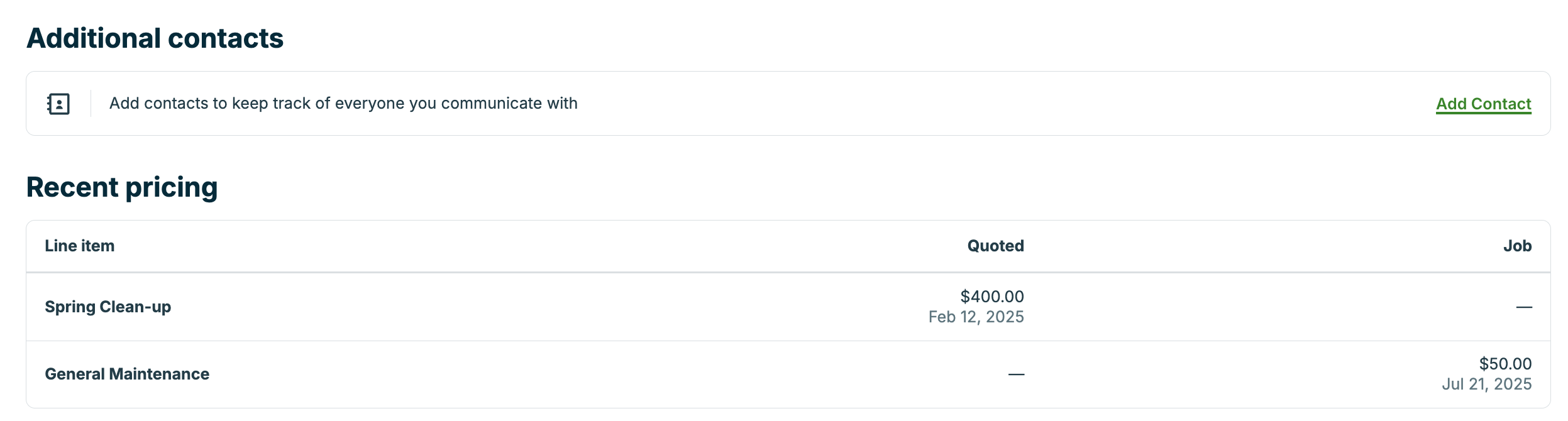 A screenshot showing the Additional contacts and Recent pricing sections of the property details page.