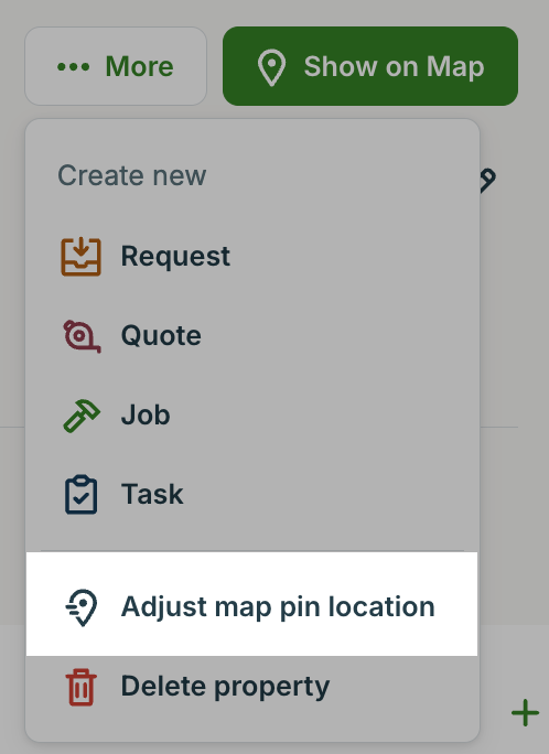 A screenshot showing the More dropdown with Adjust map pin location highlighted.