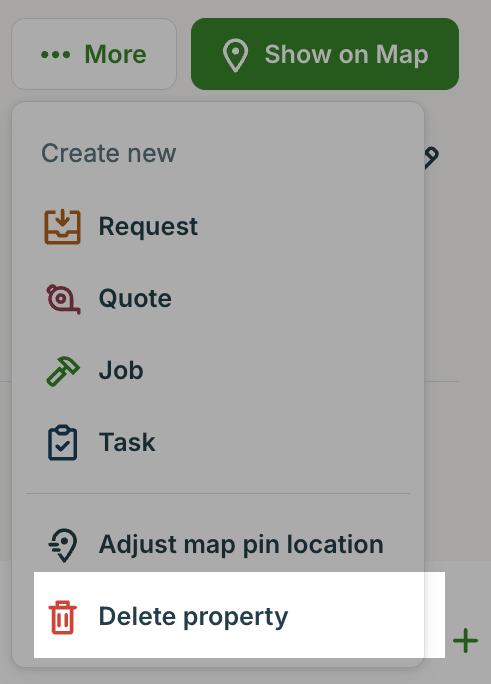 A screenshot showing the More dropdown with Delete property highlighted.