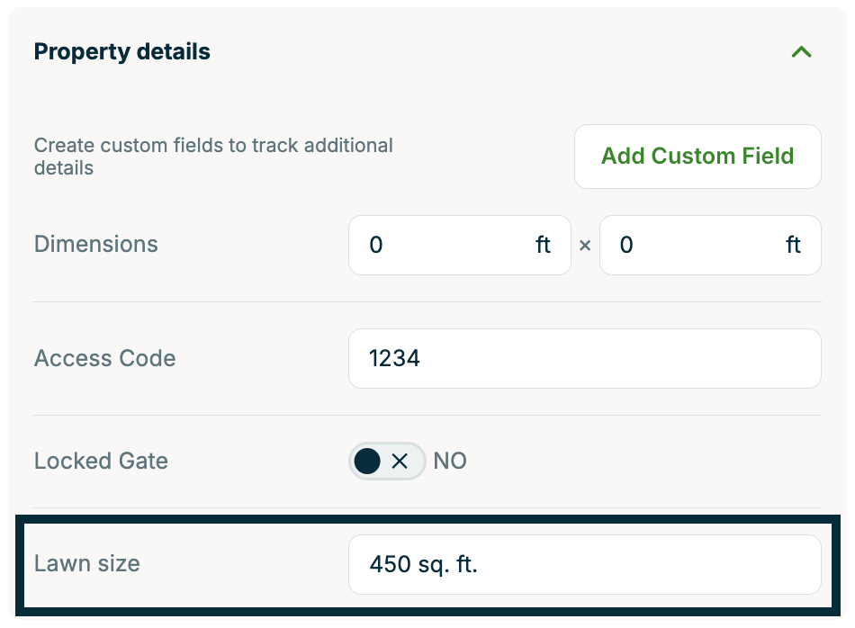 A screenshot showing the lawn size custom field in the Property details pop-up.
