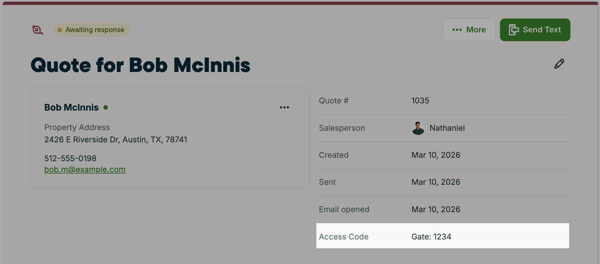 A screenshot of a quote with a gate code custom field highlighted in the details section. 