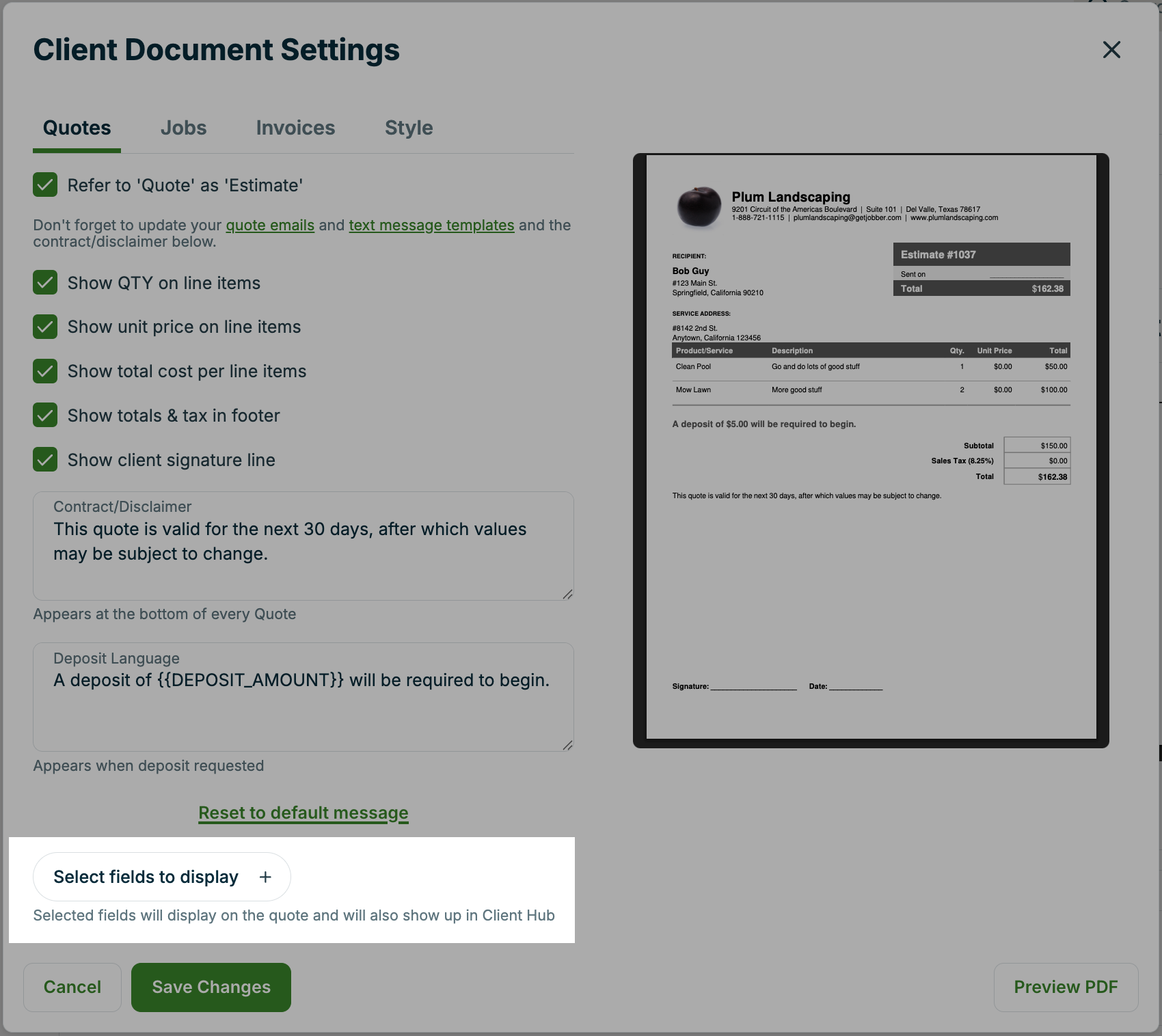A screenshot showing the Client Document Settings pop-up on the Quotes tab with the Select fields to display button highlighted.