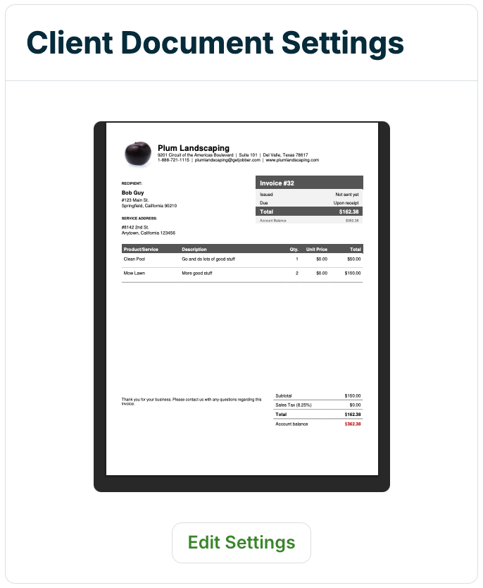 A screenshot of the Client Document Settings section on the Business Profile page.