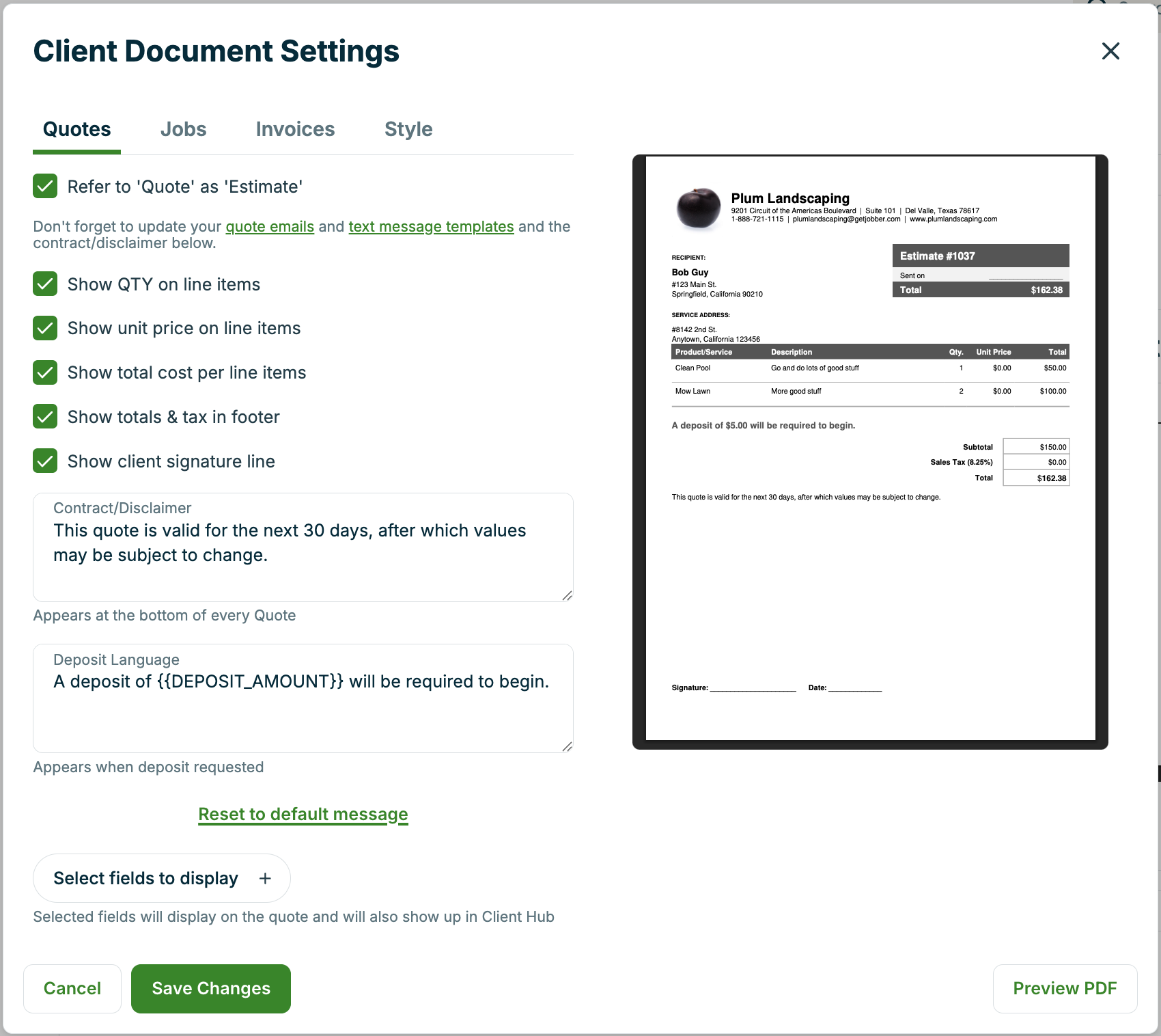 A screenshot showing the Client Document Settings pop-up.
