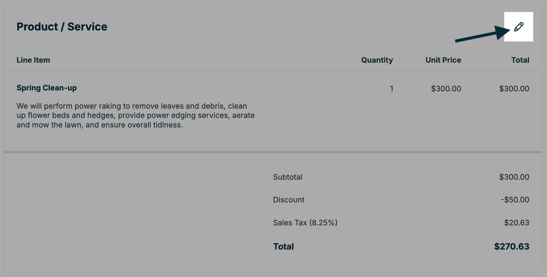 A screenshot showing the pencil icon for editing the Product / Service section of a quote.