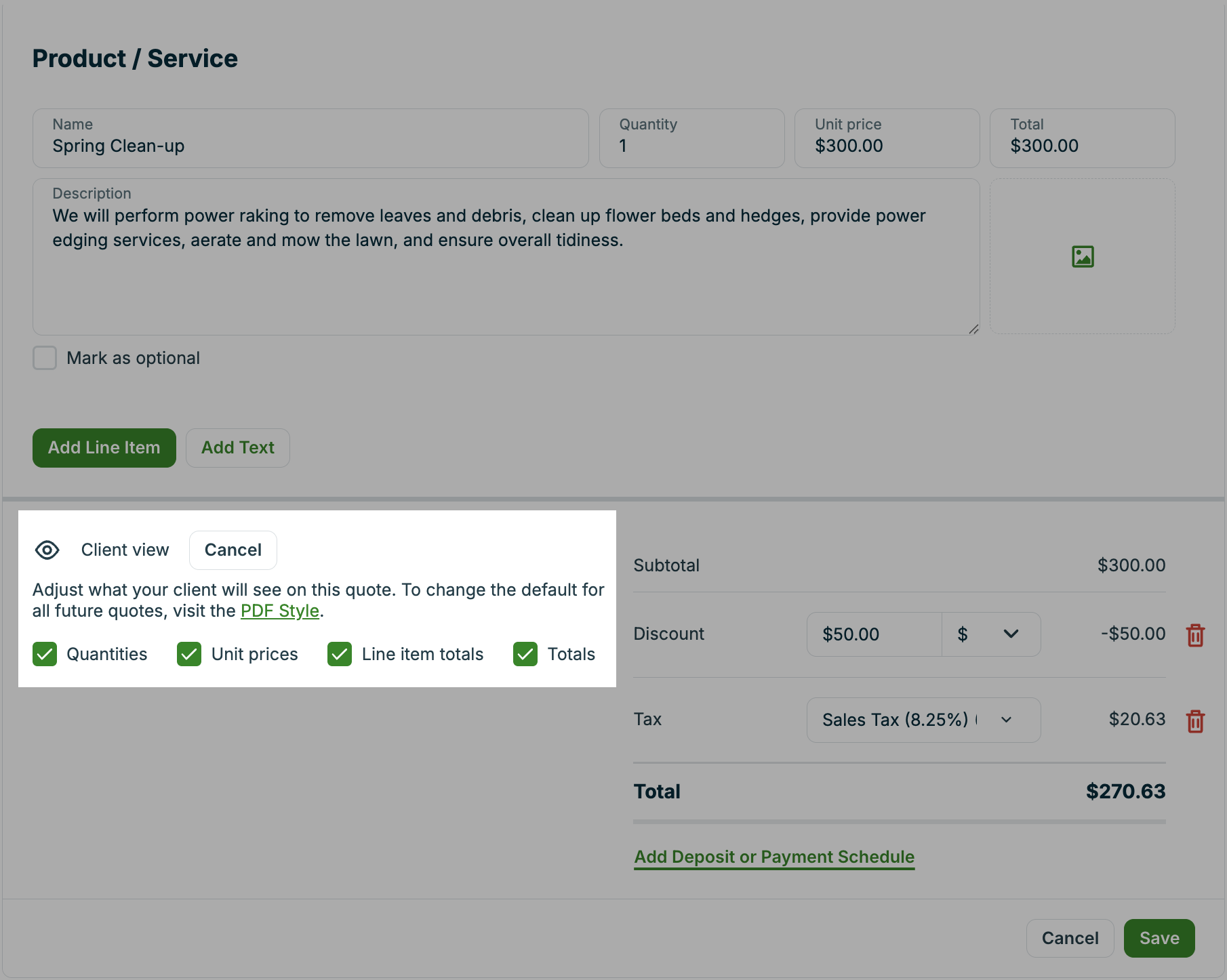 A screenshot highlighting the Client view editor on a quote.