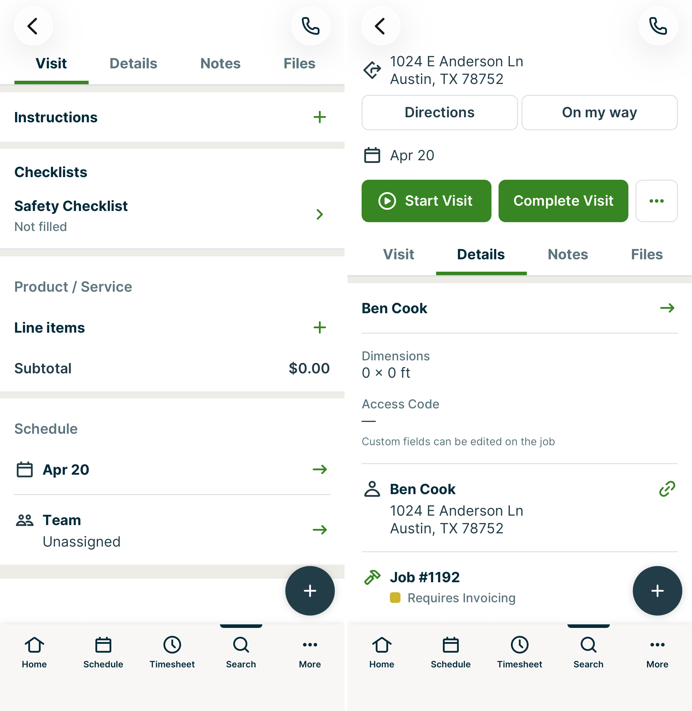 Two screenshots side-by-side, showing the Visit tab information and Details tab information on a visit in the Jobber app.