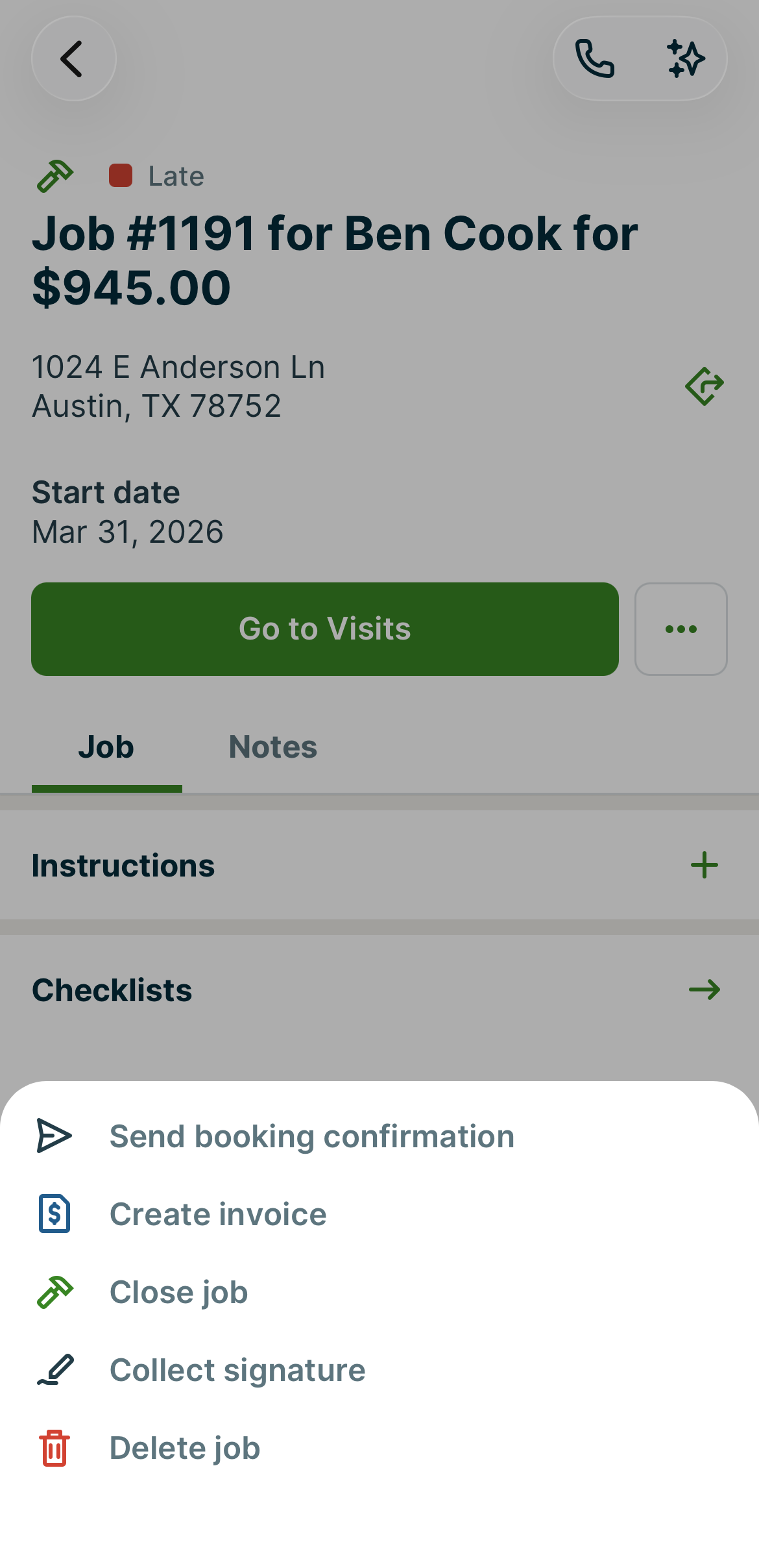 A screenshot showing the more options menu on a job in the Jobber app.